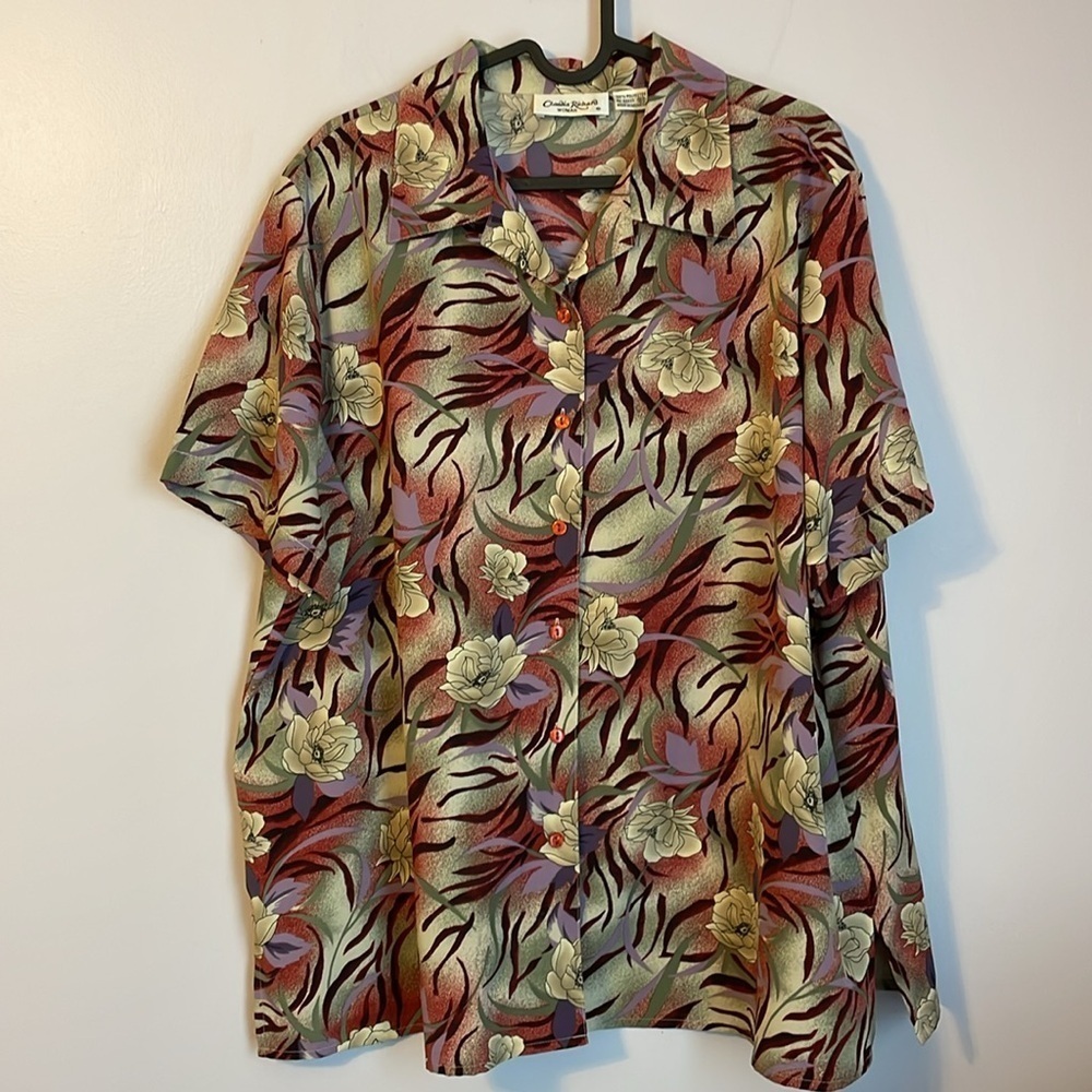 Claudia Richard Woman Vintage Floral Animal Print Button Front Blouse size 18W